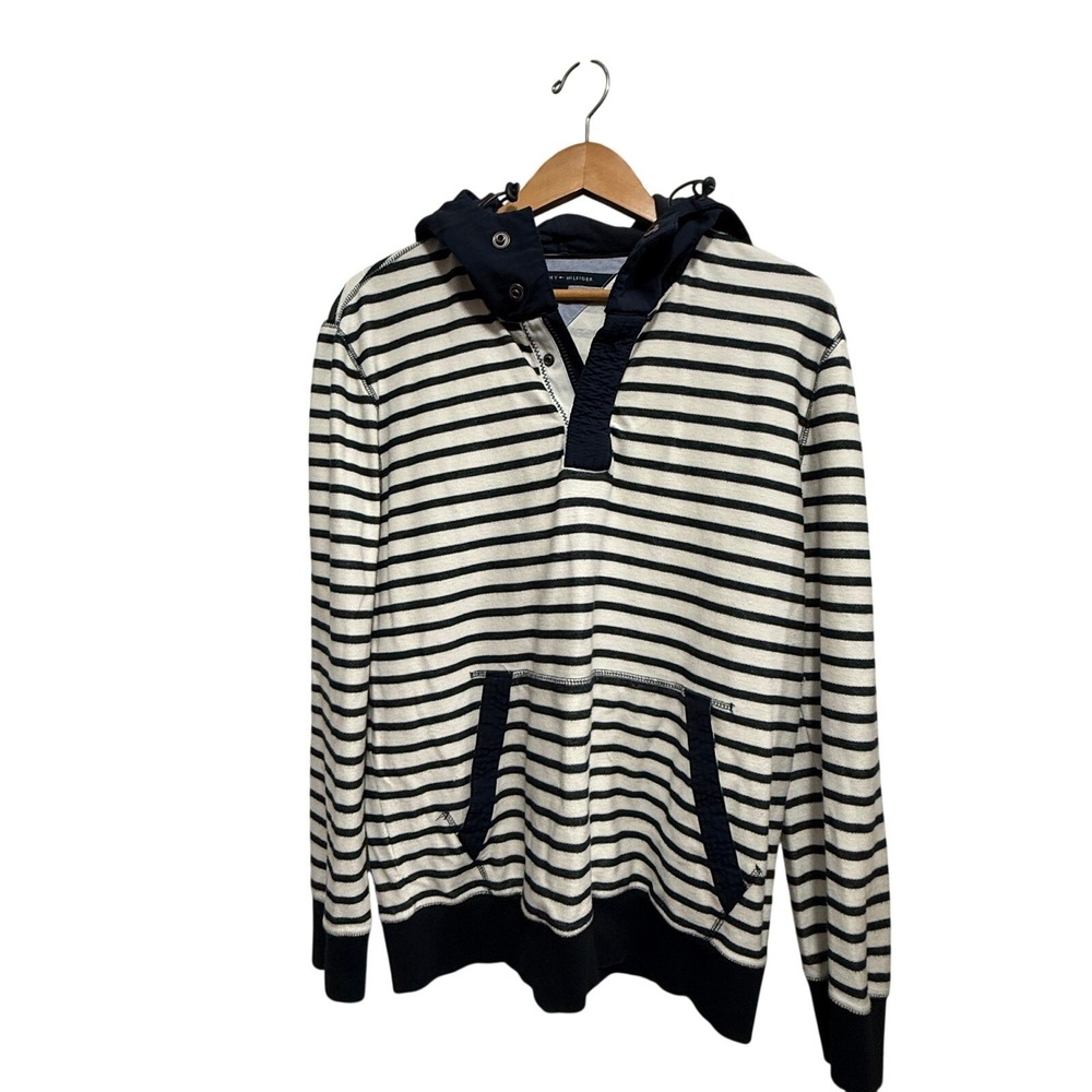 Tommy Hilfiger Mens Striped Hoodie Navy White Snap Henley Pullover Large jacket